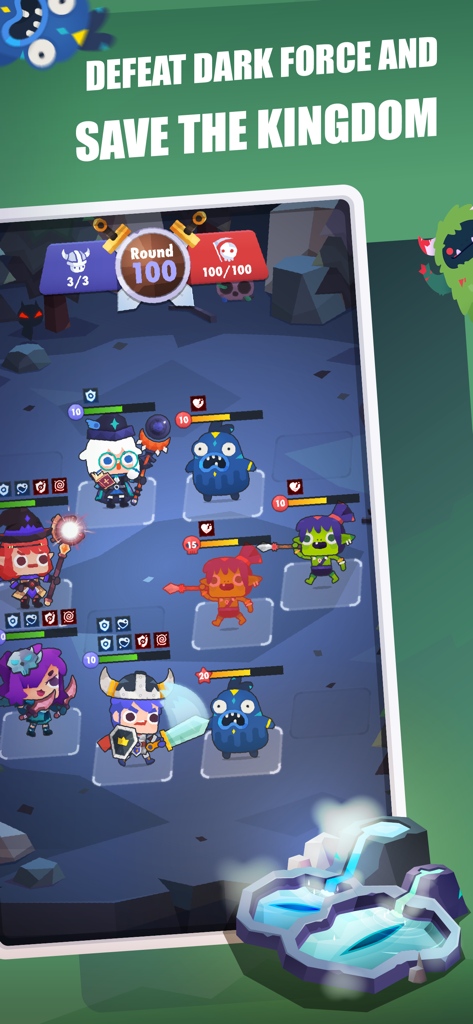 Fitness RPG: Hero health game - In-game battle screen of Fitness RPG showing cartoon heroes fighting monsters to save the kingdom