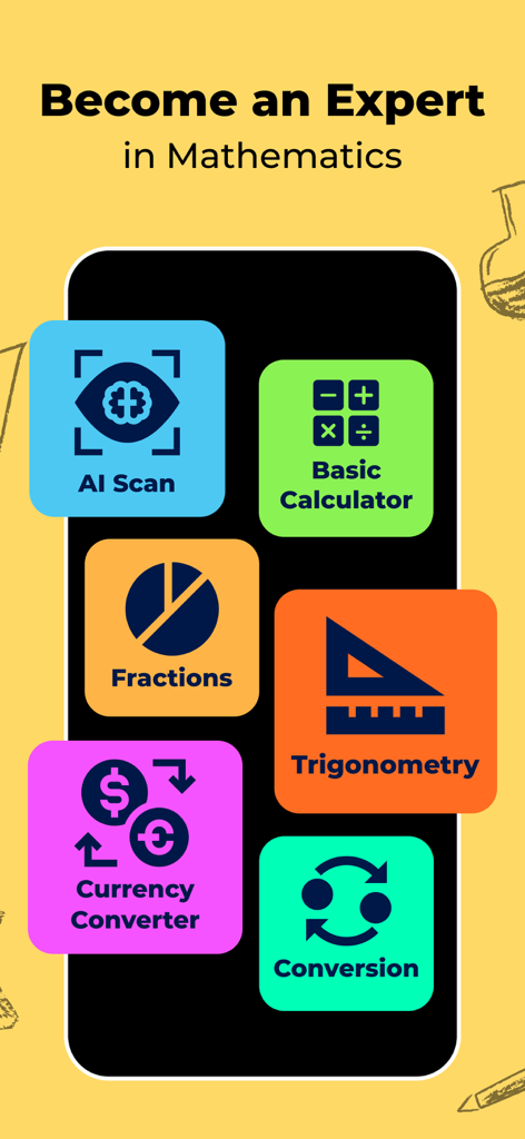 Math AI: Scientific Calculator - A mobile app interface showing various math tools including AI Scan, Basic Calculator, Fractions, Trigonometry, Currency Converter, and Unit Conversion.