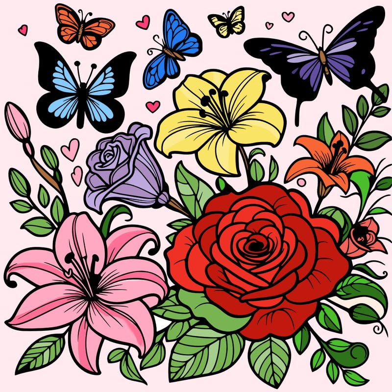 roses and butterflies and lilys