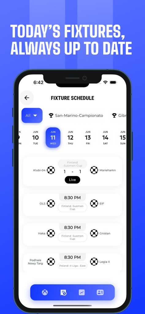 Pantalla de teléfono inteligente que muestra el calendario de partidos con partidos de fútbol próximos y en vivo.
