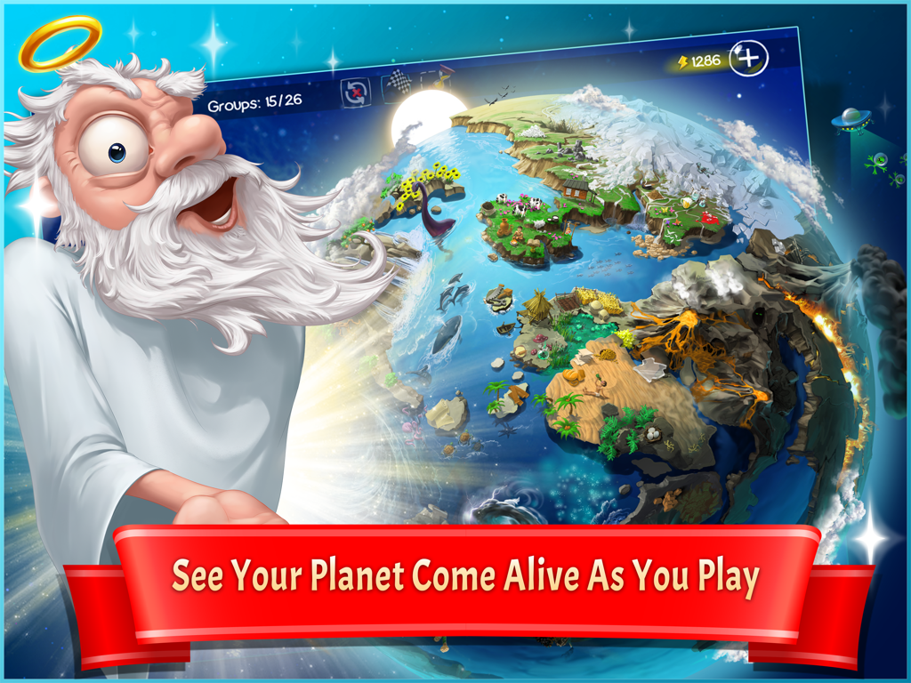 Doodle God™ HD - A cartoon God character overlooking a vibrant world coming alive with elements in Doodle God HD