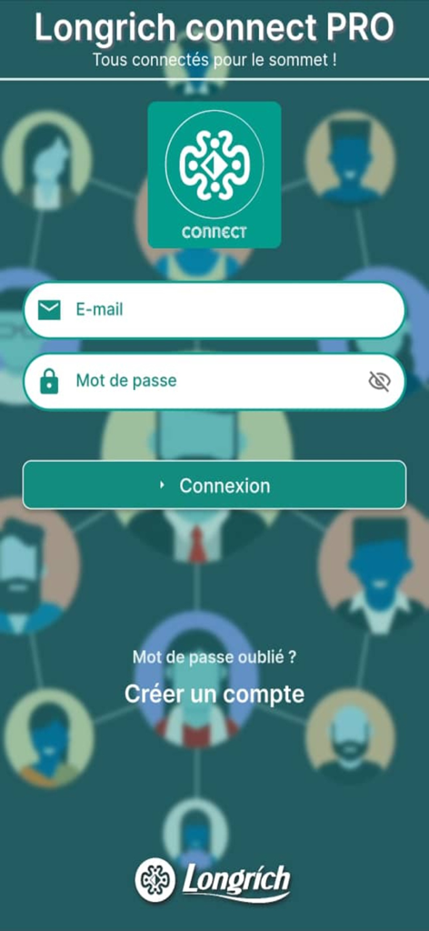 Longrich connect PRO - Login screen of the Longrich connect PRO app featuring email and password input fields and a network of avatars in the background