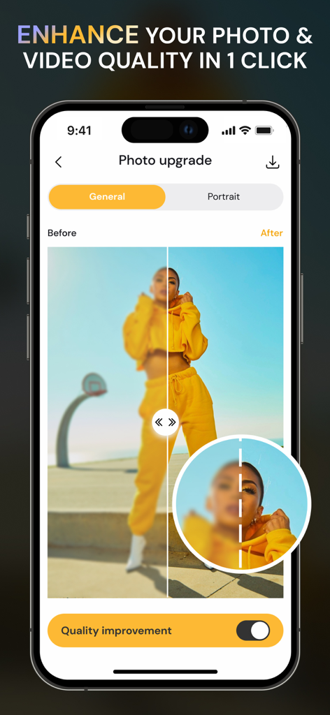 AI写真アプリのインターフェースによって、ぼやけた写真がシャープに、そして強化されたビフォーアフター比較。