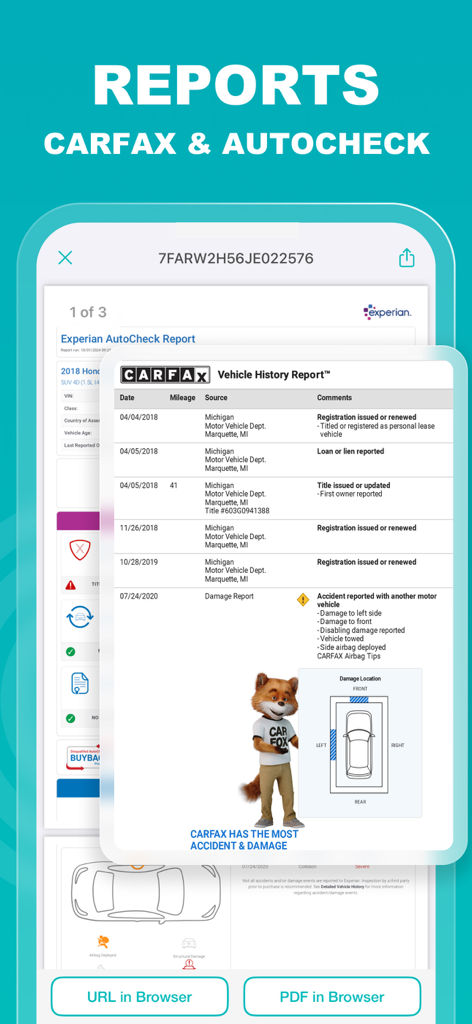 VIN PRO Check Used Car History - Carfax and Autocheck vehicle history reports displayed in the VIN PRO app
