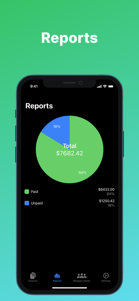 Mobile app screen showing a reports dashboard with a pie chart representing paid and unpaid invoices