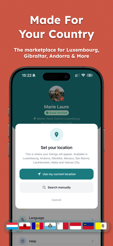 Pantalla de selección de ubicación del marketplace Fliply para micro-estados europeos