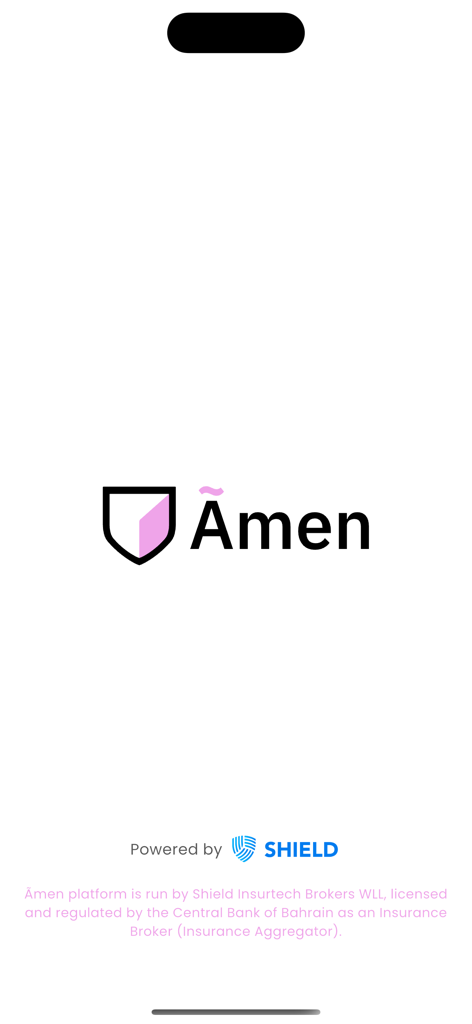 Amen Insurance - Amen Insurance app splash screen featuring the company logo and Shield Insurtech Brokers attribution