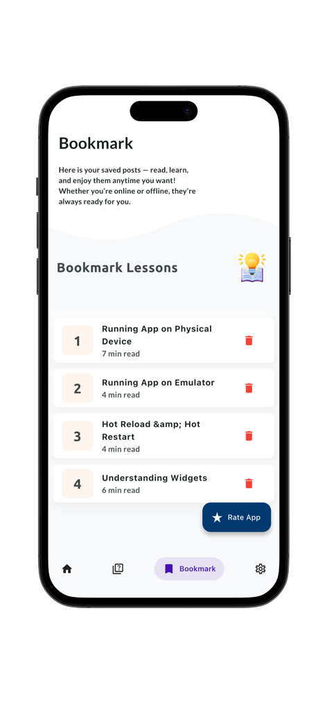 Pantalla de marcadores en la app Learn Dart Learn Flutter mostrando una lista de lecciones guardadas para estudio sin conexión.