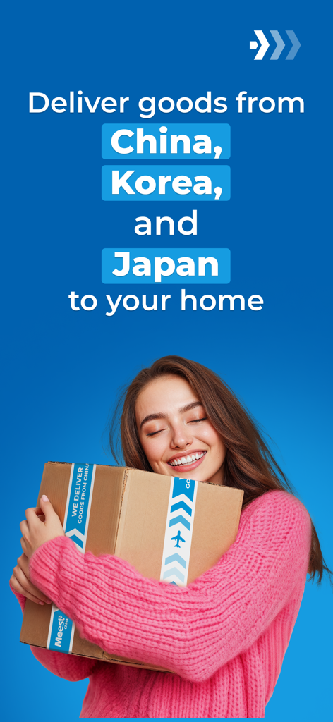 Happy woman holding a Meest China delivery box with text about shipping from China Korea and Japan