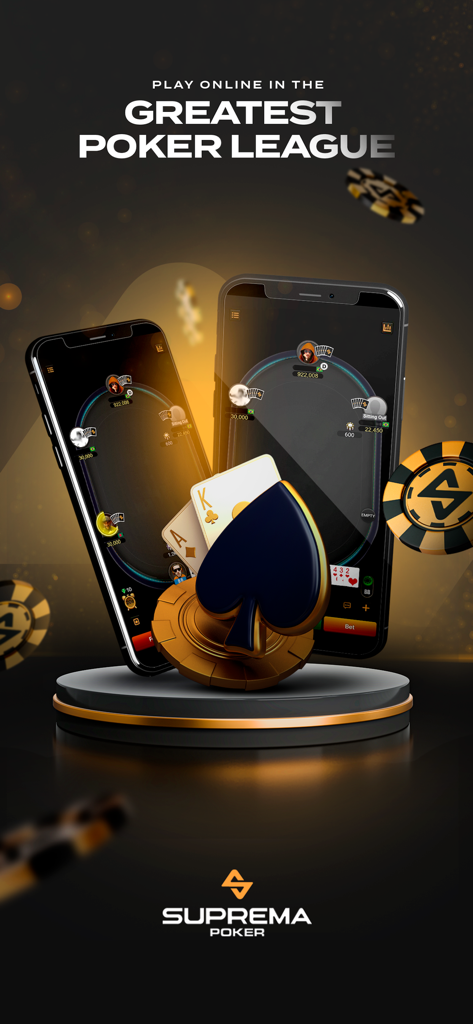Suprema Poker - Suprema Poker mobile app interface showing online poker tables with 3D cards and chips