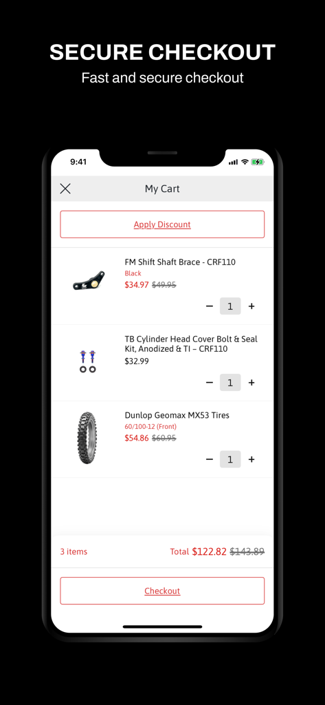 Faster-Minis - Faster-Minis app shopping cart displaying pitbike accessories and parts with a secure checkout option