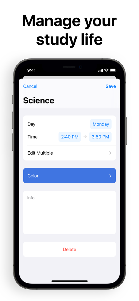 Class Timetable - Schedule App - Interfaccia di un'app mobile per aggiungere una lezione di scienze a un orario settimanale