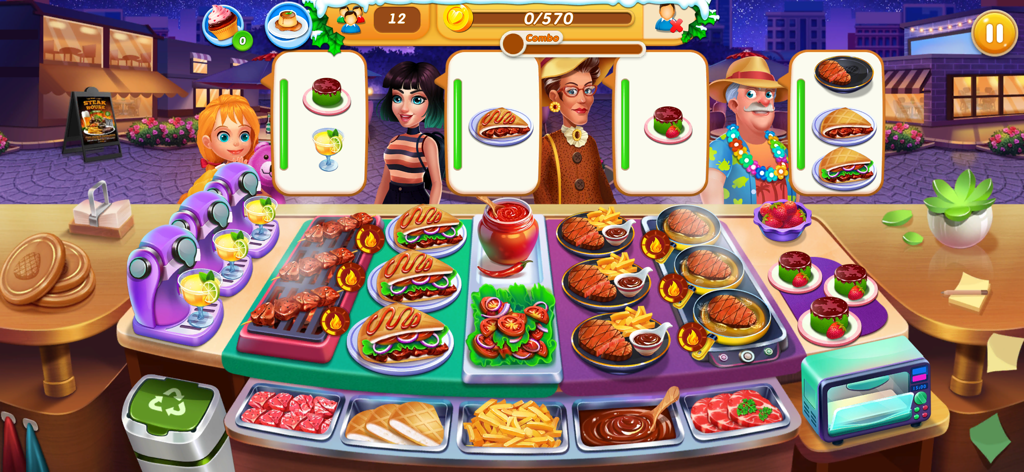 A high-speed cooking game scene in Cooking Earth featuring a variety of dishes like steaks, burgers, and salads being prepared for customers.