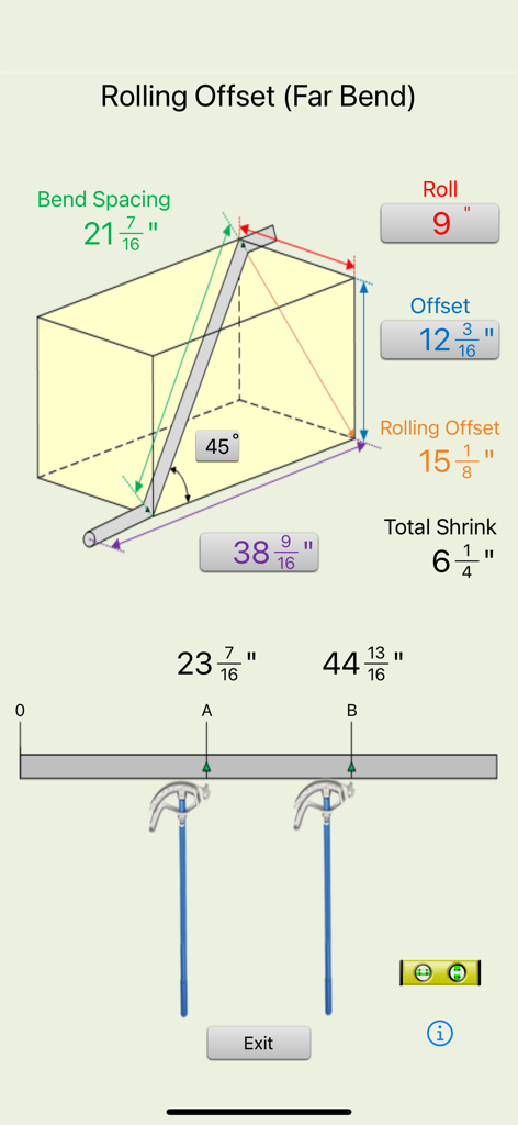 Rolling offset calculation screen showing 3D diagram and measurements for conduit bending
