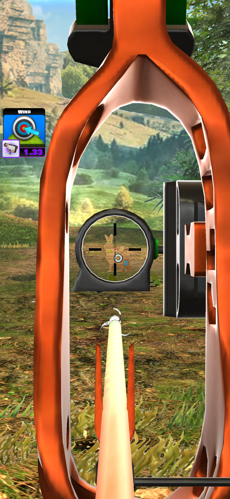 First person view of aiming an orange bow at a wooden rabbit target in a grassy field