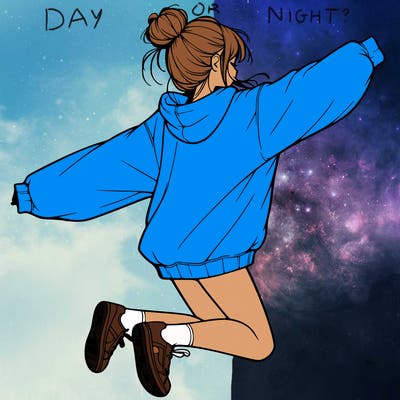realistic girl jumping with a bun and oversized sweatshirt