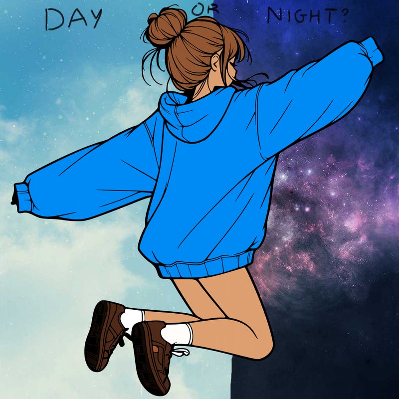 realistic girl jumping with a bun and oversized sweatshirt