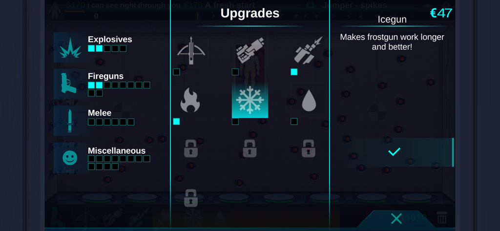 Happy Room - Weapon upgrade menu in the Happy Room game featuring the Icegun and categories for explosives fireguns and melee weapons