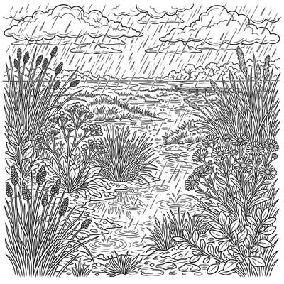Dive into the calming beauty of a saltmarsh experiencing a gentle downpour with this intricate coloring page. Featuring resilient marsh plants amidst falling rain and reflective puddles, it's a unique nature scene ready for your creative touch.