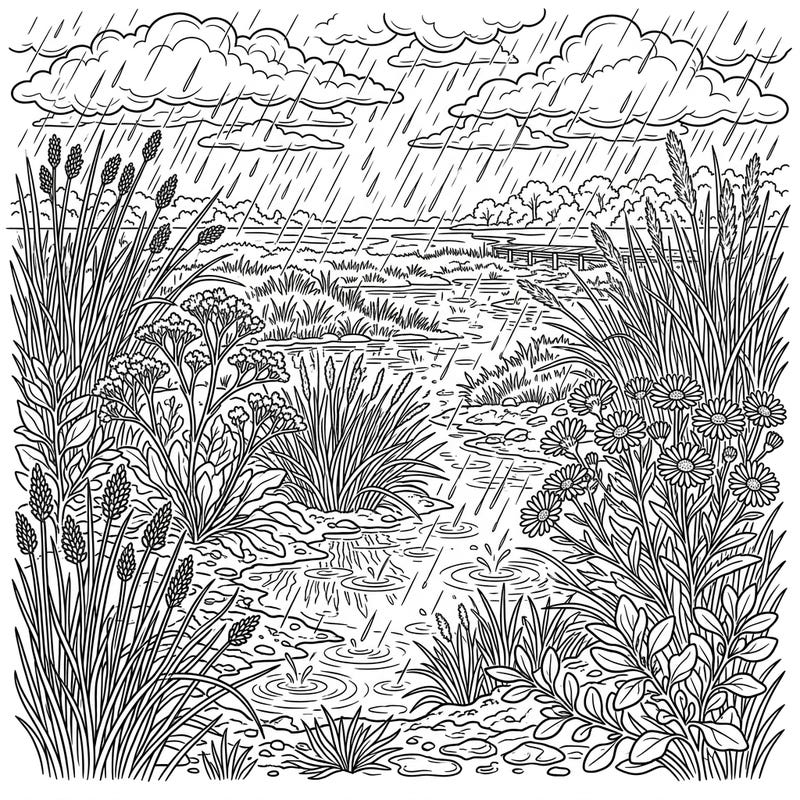 Dive into the calming beauty of a saltmarsh experiencing a gentle downpour with this intricate coloring page. Featuring resilient marsh plants amidst falling rain and reflective puddles, it's a unique nature scene ready for your creative touch.