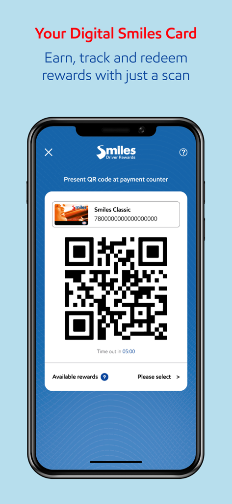 Esso Singapore - A smartphone screen displaying the Esso Digital Smiles Card with a QR code for earning and redeeming rewards.