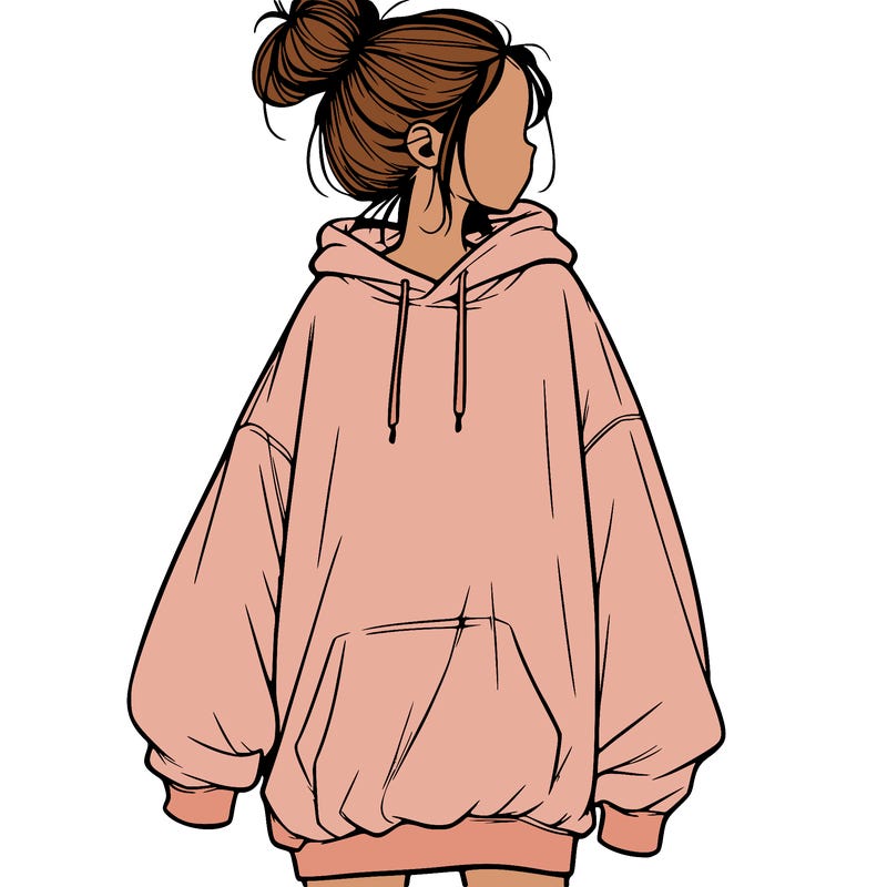 realistic girl with a oversized sweatshirt on and a bun