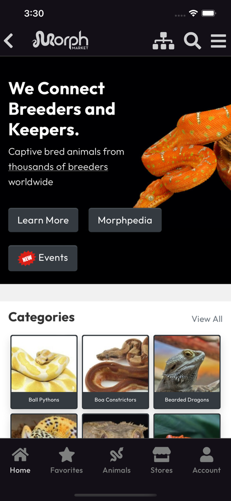 MorphMarket - MorphMarket Mobile App Startbildschirm mit Reptilienkategorien und Züchterverbindungen