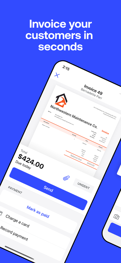 Invoice2go: Easy Invoice Maker - Mobile app interface showing a professional business invoice with a Send button