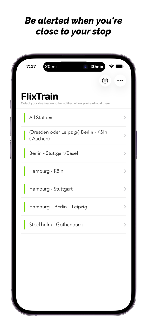 Screenshot dell'iPhone dell'app FlixTrain Destinations che mostra un elenco di percorsi del treno e avvisi di arrivo delle stazioni