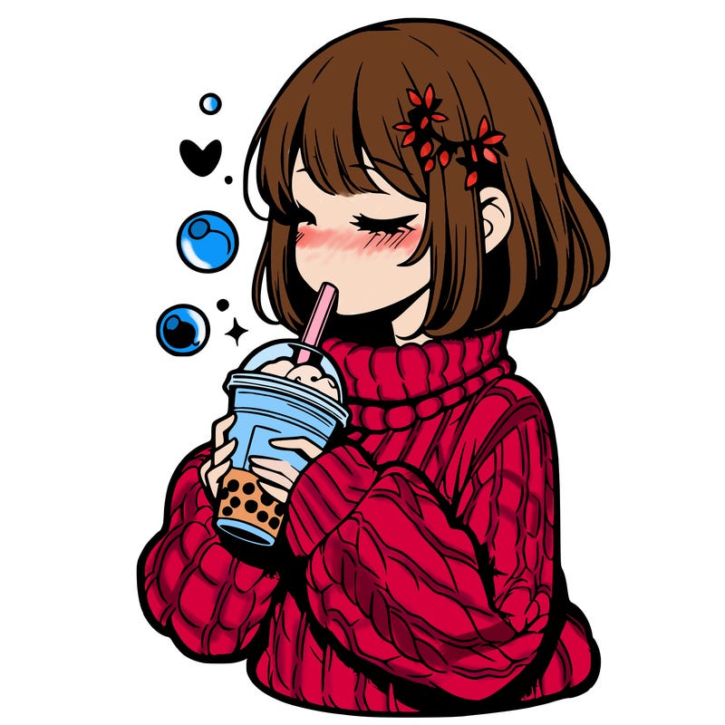 manga girl drinking boba in cozy sweater