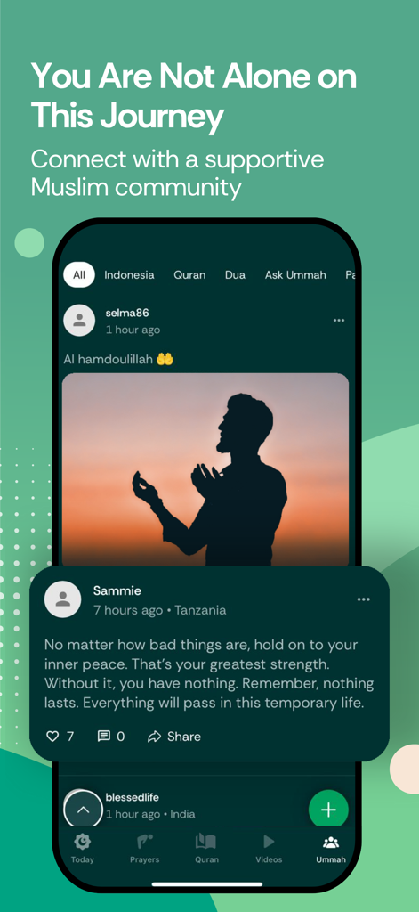 Tela da comunidade Ummah do aplicativo Muslim Pro apresentando postagens de apoio e um feed de conexão espiritual