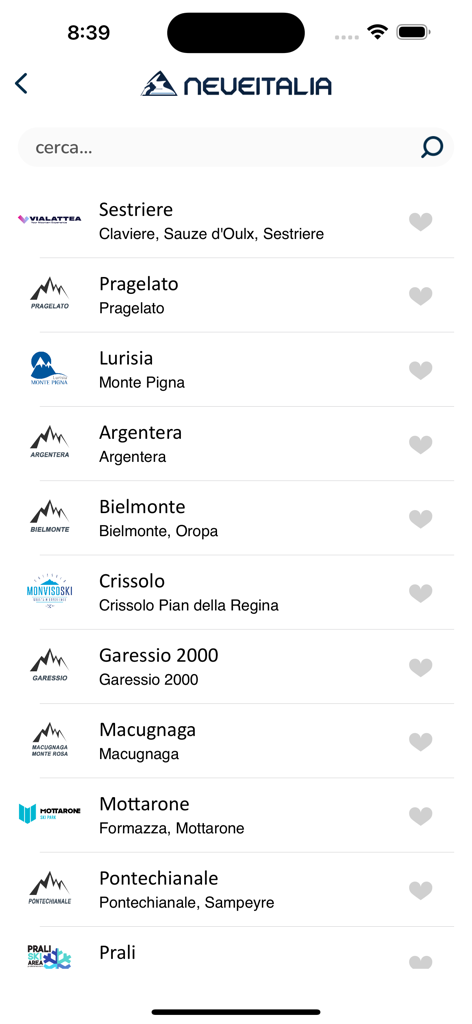 Neve e Sci - NeveItalia - Oberfläche der NeveItalia App mit einer Liste italienischer Skigebiete mit Logos und einer Suchleiste