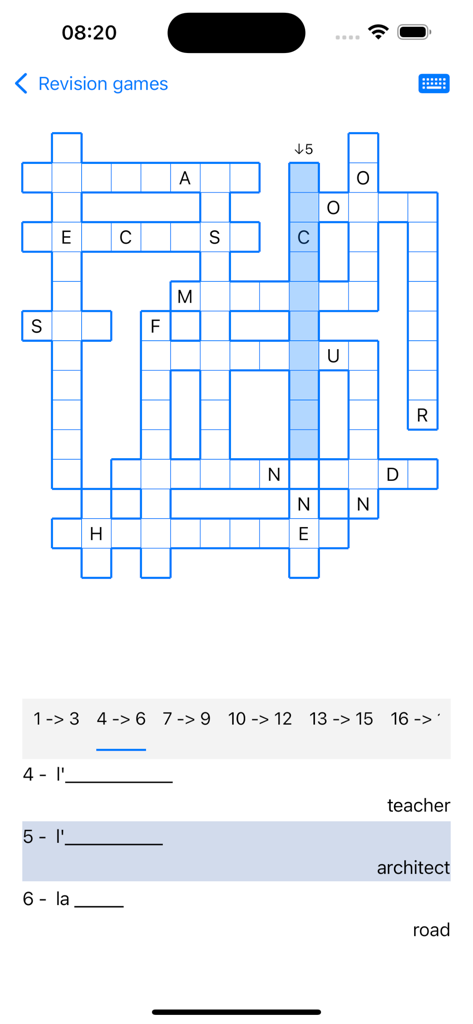 Crossword puzzle game within the WordTheme app for language learning and vocabulary practice.