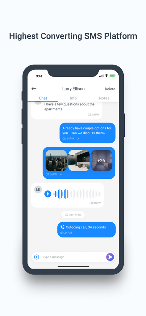 Smarter Contact - Smarter Contact app chat interface showing a business conversation with SMS messages photos and voice notes