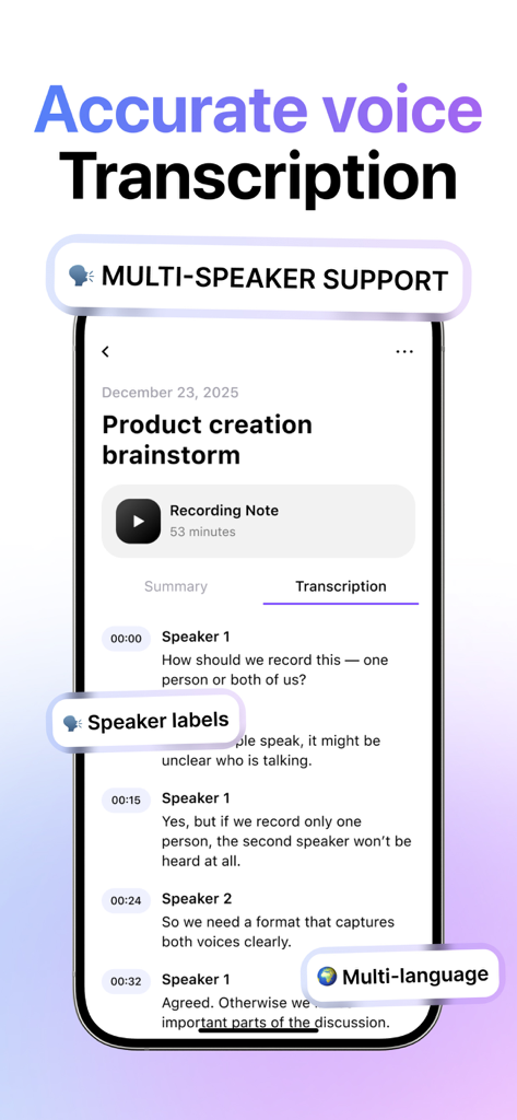 Notes AI app interface showing accurate voice transcription with speaker labels and multi speaker support