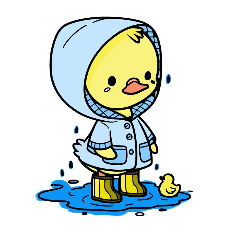 baby duck in a rain coat and boots, in a puddle while it’s raining