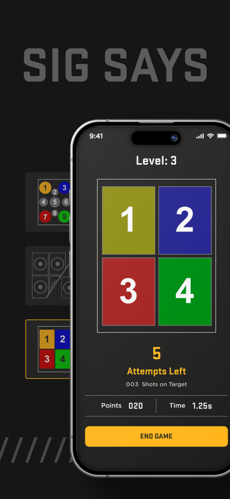 SIG CONNECT - Mobile screen showing the SIG SAYS shooting game interface within the SIG CONNECT app featuring numbered colored targets.