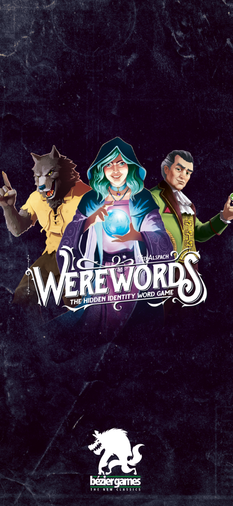 Werewordsモバイルアプリの紹介画面。タイトルロゴと、人狼や占い師のようなゲームキャラクターが登場します。