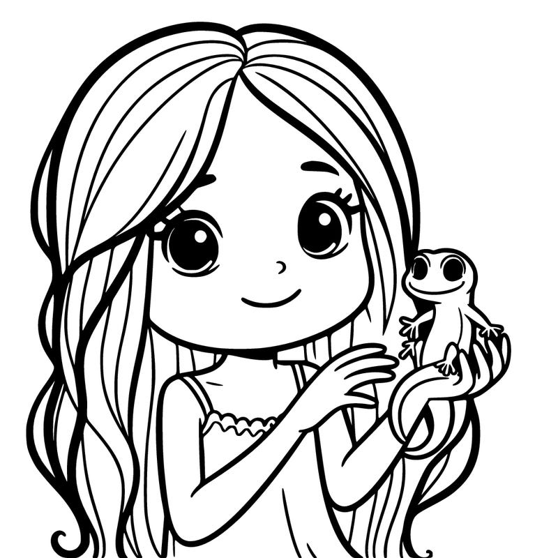 girl with long hair holding a gecko