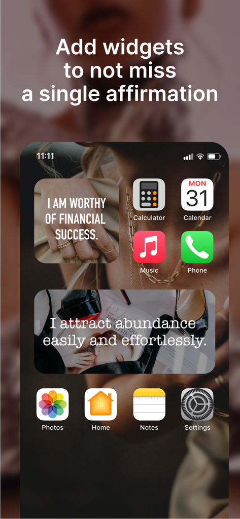 Manifest Affirmations - An iPhone home screen featuring aesthetic manifestation widgets with daily affirmations for financial success and abundance.
