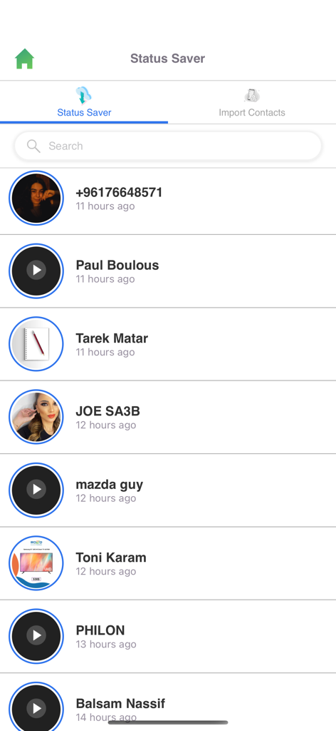 Status Saver Video Photo Save - Main interface of Status Saver app displaying a list of available WhatsApp statuses to view or save