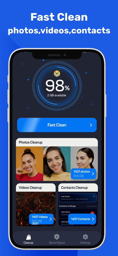 Fast Cleaner: Clean Storage - iPhone screen displaying the Fast Cleaner app interface for cleaning photos, videos, and contacts
