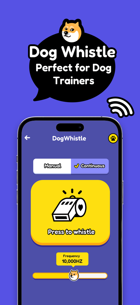 Dog Whistle & Clicker App - Interfaz de la aplicación de silbato para perros que muestra un botón de silbato y un control deslizante de ajuste de frecuencia para el entrenamiento de mascotas