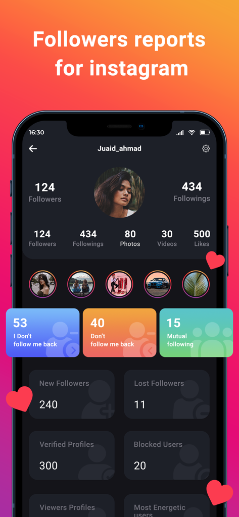 Follower Tracker : Followers - 인스타그램 팔로워 분석 및 프로필 인사이트를 보여주는 팔로워 추적기 앱 대시보드
