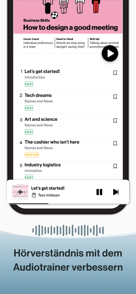 Screenshot of the Business Spotlight app showing the Audiotrainer interface with a list of business English lessons and an active audio player.
