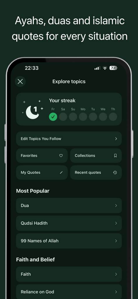 Screenshot of the Quran Widgets app showing the explore topics screen with a daily streak tracker and categories for ayahs, duas, and Islamic quotes.