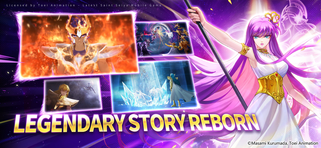 Athena and iconic characters in a promotional banner for Saint Seiya EX Official mobile game.