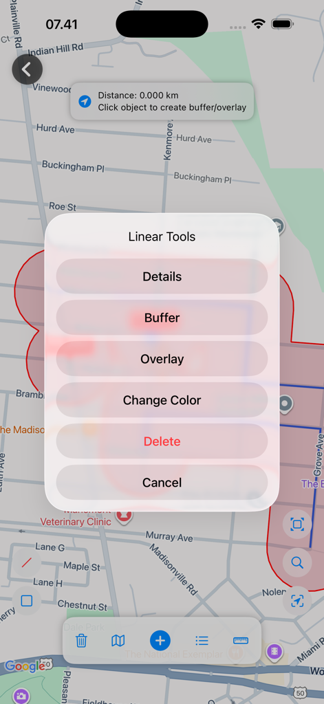 UTM Geo Map Y2Tech - UTM Geo Map interface showing linear GIS tools like buffer and overlay on a street map.