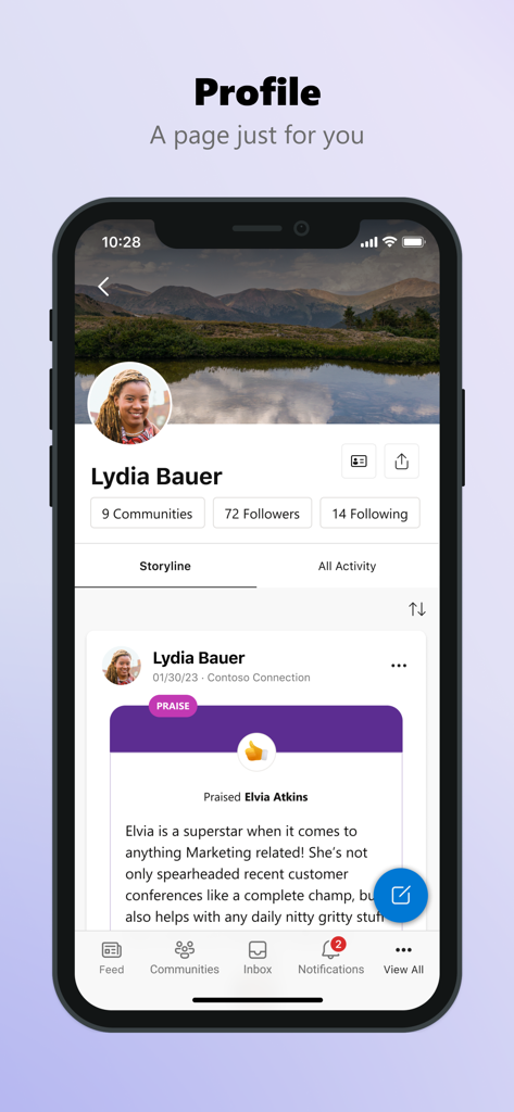Viva Engage mobile app interface displaying a professional user profile with personal storyline posts and community statistics.
