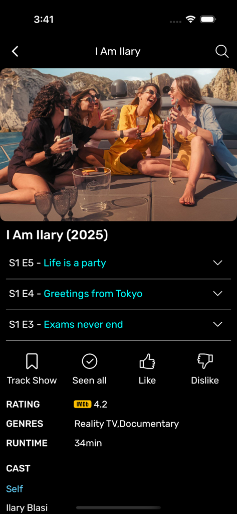 Écran de l'application MovieX montrant les détails des séries TV, les notes et la liste des épisodes pour le suivi